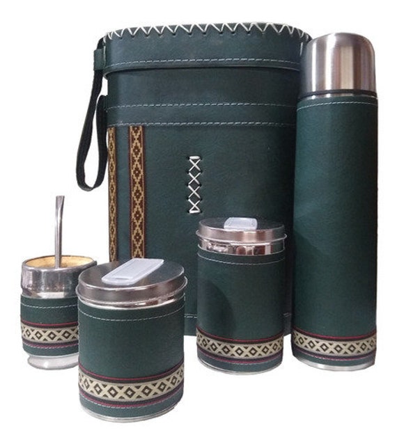Complete Yerba Mate Kit - Includes Mate Cup, Straw (Bombilla), 1L Thermos,  Leather Bag and a gift (Guarda Pampa Keychain) - Yerba Mate Gourd Set