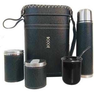 May include: A black leather tea set with silver accents. The set includes a tall thermos, a cylindrical container, a small cup with a metal straw, and a carrying case with a handle. White stitching details the edges.