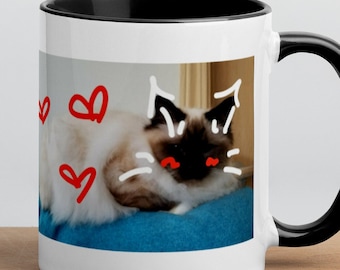 Ceramic 12 oz Mug ft Cat with Hearts and Color Inside | ft. our cutest cat employee Mochi