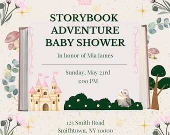 Storybook Adventure Baby Shower Invitation Template Printable, Baby Girl, Pink Baby Shower Invite, Baby Shower Invitation Girl, Canva