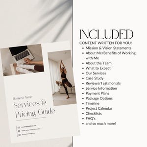 Può includere: Una guida ai servizi e ai prezzi beige e marrone con un laptop e una donna che fa yoga sullo sfondo. La guida include un elenco di servizi come dichiarazioni di missione e visione, informazioni su di me, sul team, cosa aspettarsi, i nostri servizi, studio di caso, recensioni e testimonianze, informazioni sul servizio, piani di pagamento, opzioni di pacchetto, cronologia, calendario del progetto, liste di controllo, FAQ e molto altro.