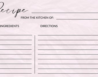 Minimalist Recipe Card Template, Bridal Shower Recipe Card, DIY Recipe Card, Editable Template, Personalized Recipe Card, Printable Recipe