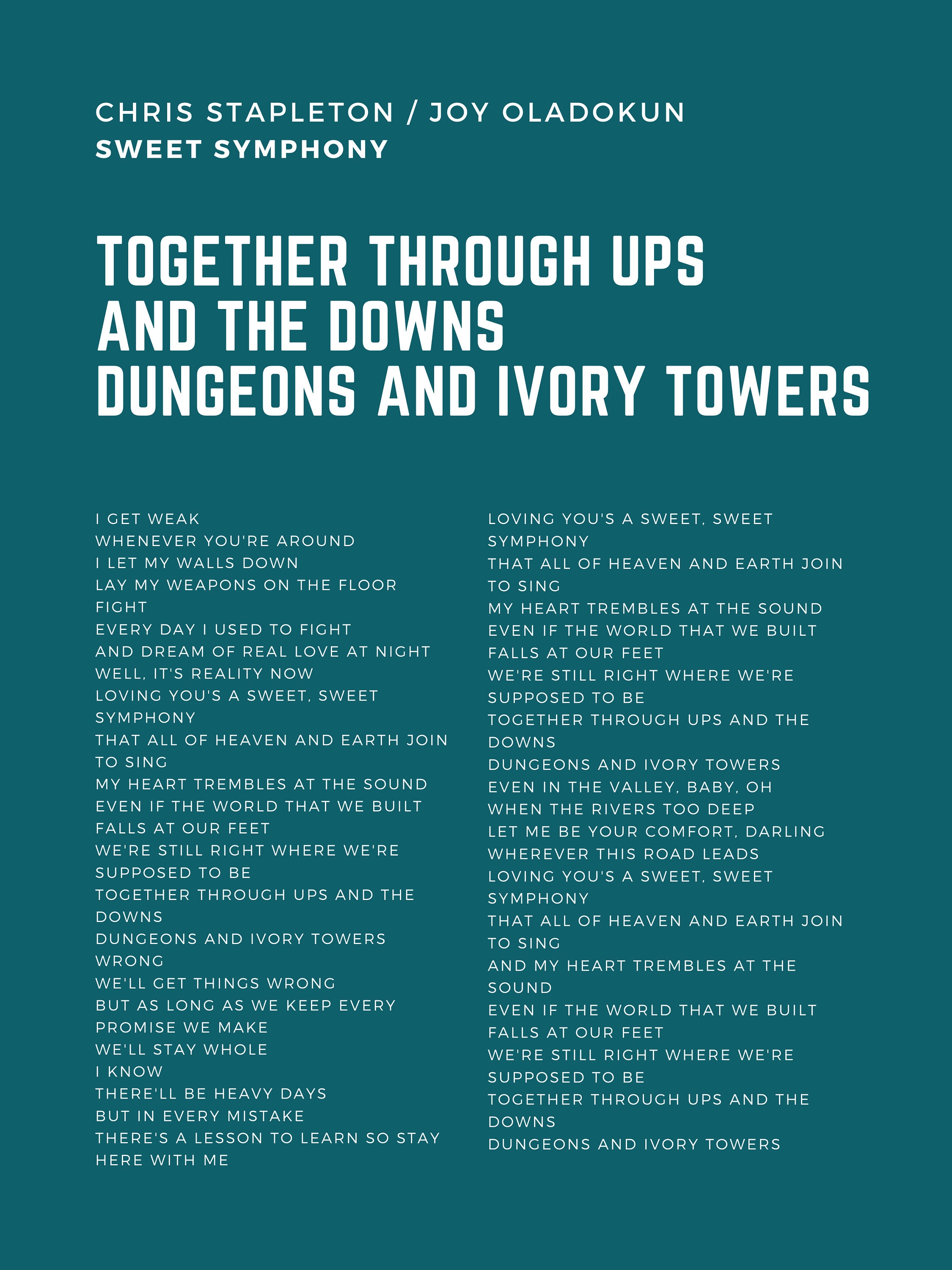 Chris Stapleton Joy Oladokun Sweet Symphony Lyrics Poster Minimal Wedding Song Anniversary Gift
