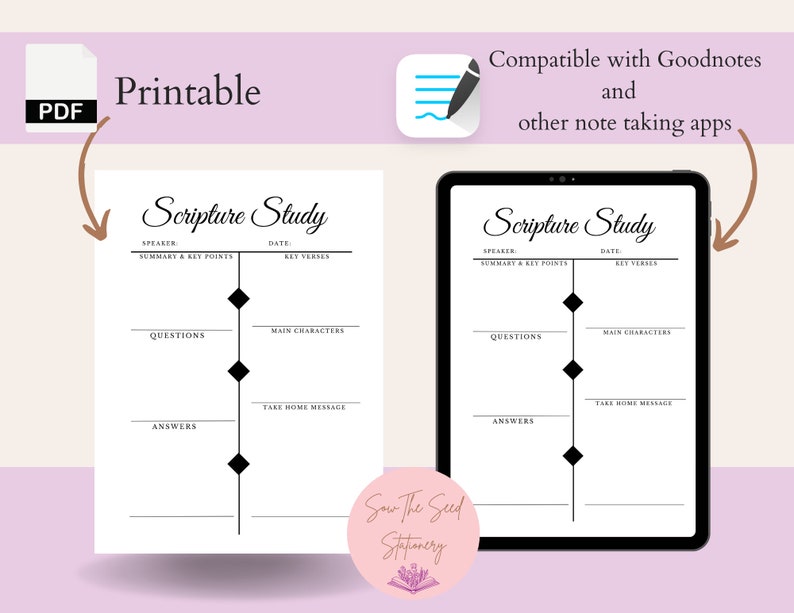 Puede incluir: Plantilla de notas de estudio de las Escrituras imprimible compatible con Goodnotes y otras aplicaciones para tomar notas. La plantilla incluye secciones para el orador, la fecha, el resumen y los puntos clave, los vers&iacute;culos clave, las preguntas, los personajes principales, el mensaje para llevar a casa y las respuestas.