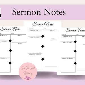 Könnte beinhalten: Drei druckbare Predigtnotizseiten mit dem Titel "Sermon Notes" oben auf jeder Seite. Jede Seite hat Abschnitte für den Pastor, den Predigttitel, das Datum, das Gebet, die Bibelverse, Notizen und die allgemeine Lektion.