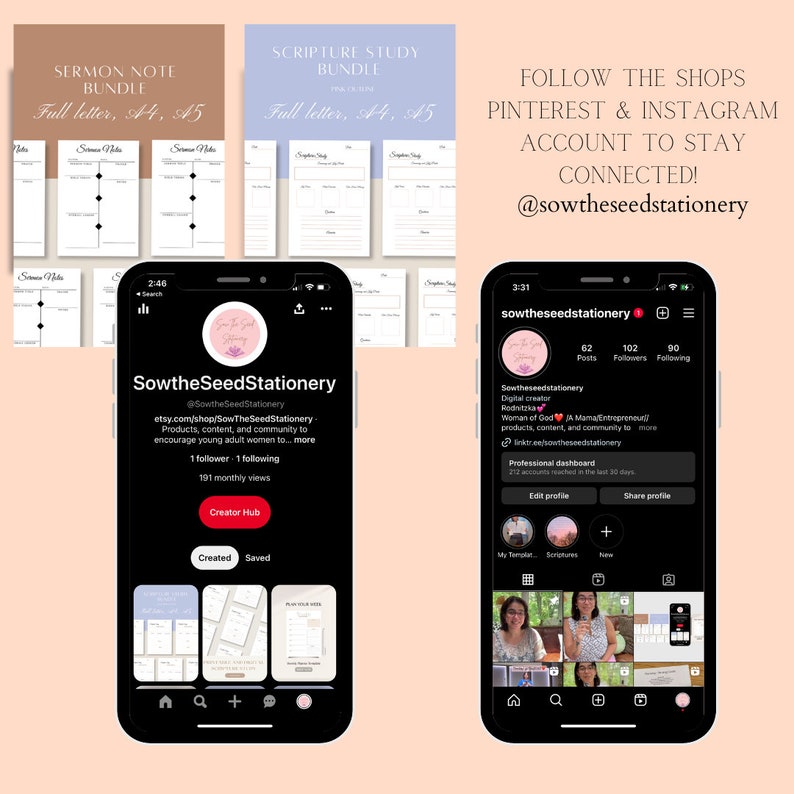 Puede incluir: Una captura de pantalla del perfil de Instagram de SowtheSeedStationery, una creadora digital que crea productos, contenido y comunidad para animar a las mujeres j&oacute;venes adultas. El perfil muestra 62 publicaciones, 102 seguidores y 90 seguidos. La foto de perfil es una flor rosa con una semilla en su interior. La biograf&iacute;a dice "Productos, contenido y comunidad para animar a las mujeres j&oacute;venes adultas a... m&aacute;s". El perfil tambi&eacute;n incluye un enlace a su sitio web, linktree/sowtheseedstationery. El perfil tambi&eacute;n muestra un panel de control profesional con 712 cuentas alcanzadas en los &uacute;ltimos 30 d&iacute;as. El perfil tambi&eacute;n muestra una cuadr&iacute;cula de nueve im&aacute;genes, incluida una foto de la creadora, una foto de un cuaderno de estudio de las Escrituras y una foto de una agenda.