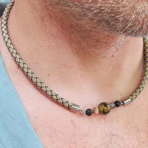 Mens Leather Choker Necklace: Dragon Agate & Lava Stone