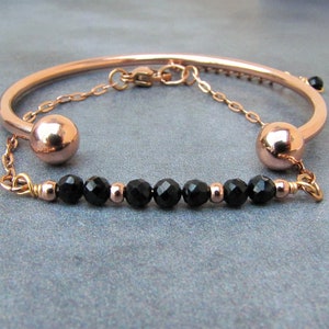 Black Tourmaline Bracelet Set: Gold Bangle & Chain Bracelet