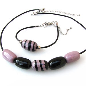 Ceramic Bead Jewelry Set: Leather Choker Necklace & Bracelet