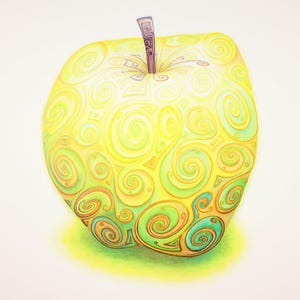 Giclée Druck - Swirlicious - Golden Crunch Apple (Farbstift und Tusche auf Schneewittchen) - Alexander Swarbrick