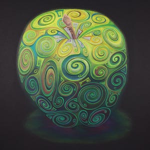 Giclée Druck - Swirlicious - Golden Crunch Apple (Farbstift und Tusche auf charcoal-schwarzer Karte) - Alexander Swarbrick
