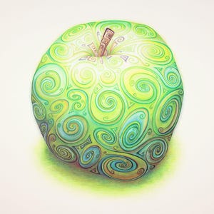 Giclée Druck - Swirlicious - Grandma Smith Apple (Farbstift und Tusche auf Schneewittchen-Karte) - Alexander Swarbrick