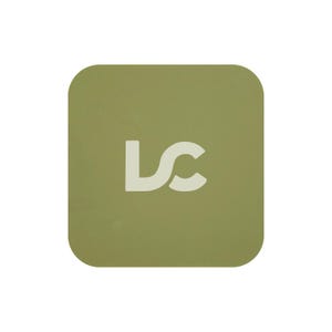 May include: A square, olive green sticker with a white logo that says "LC" in a stylized font.