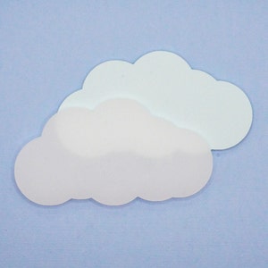 Puede incluir: Una nube de papel blanca con una nube de papel azul claro encima. Las nubes están sobre un fondo azul claro.