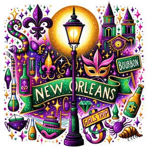 ニューオーリンズ、NOLA PNG、ニューオーリンズ女子旅 PNG、マルディグラ デザイン、バーボン ストリート、デジタル ダウンロード、ハッピー マルディグラ