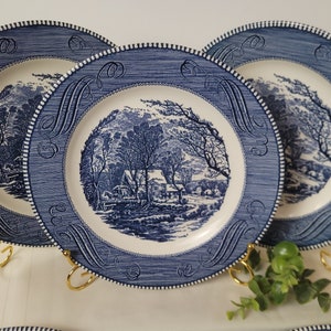 Currier & Ives Dinner Plate-Blue Transferware-&quot;The Old Grist Mill&quot; design-by Royal USA