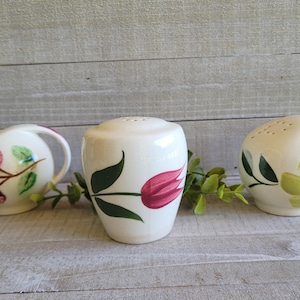 May include: Three white ceramic salt and pepper shakers with floral designs. The salt shaker has a tulip design, while the pepper shaker has a round shape with a handle. The third shaker has a design of a red fruit.