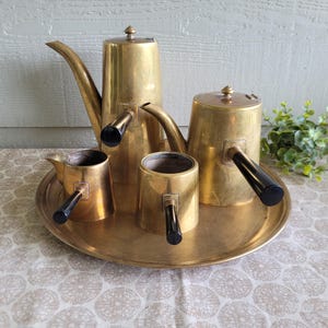 Vintage Brass Coffee/Turkish Coffee Set-5 pieces-mid century treasure-gorgeous accent piece for home decor-rich patina-**see photos**