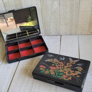 Vintage travel jewelry box with red felt lined compartments and mirror inside-beautiful asian design on top-circa 1960s-Lovely gift idea!