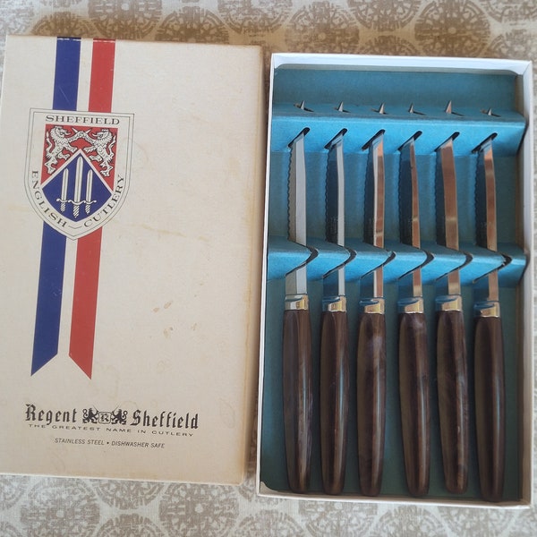 Classic Sheffield Steel Steak knives with brown plastic handles- vintage set of 6 in original box from Regent