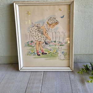 Vintage Lambert Print of girl watering flowers 8 x 10 perfect for your vintage nursery