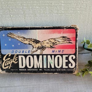 Vintage Dominoes Set by Eagle In Original Box-wooden double nine set with 56 dominoes from 1950&#39;s-perfect nostalgic gift for game lover