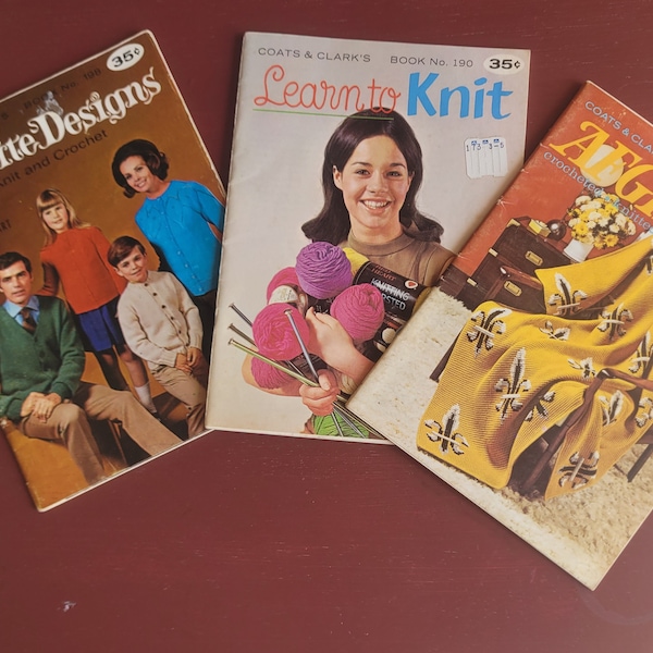 Vintage Knit and Crochet patterns from 1968, 1969 and 1970 by Coats and Clark set of 3