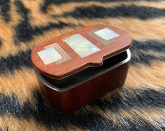 Small Vintage Wooden Mother of Pearl Inlay Trinket Box Pill Box