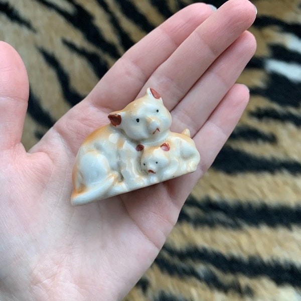 Small Vintage Porcelain Hand Painted Brown and White Cat with Kitten Figurine Occupied Japan