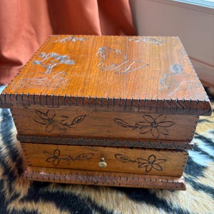 Vintage Religious Wooden Jewelry Box Tramp Art Wood Chest Carved Wood Keepsake Box