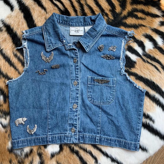 Vintage Studio Ease Petite Cut off Denim Vest Biker Vest With Vintage Handmade Pewter Biker Pins Etsy