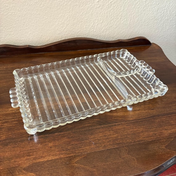 Vintage 1950s Hazel Atlas Sip and Smoke Snack Clear Ribbed Glass Serving Tray Ashtray