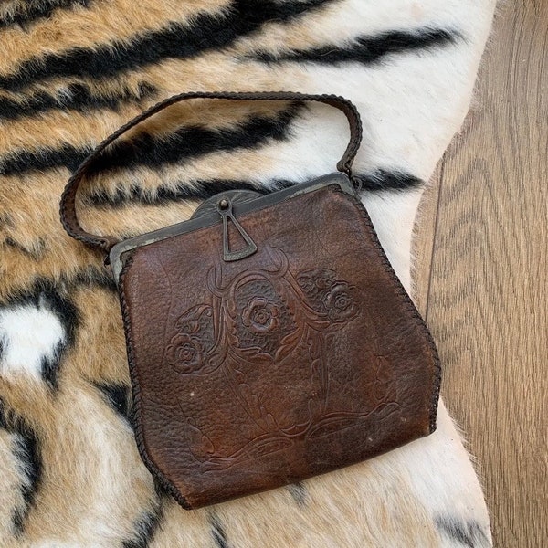 Antique 1931 Tooled Brown Leather Floral Art Deco Art Nouveau Top Handle Handbag Purse