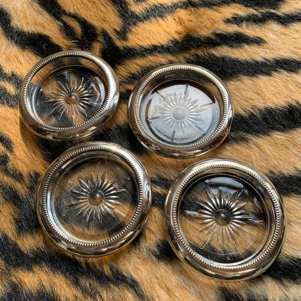 Set of 4 Vintage Mid Century Modern MCM Leonard Silverplate Stacking Glass Starburst Coasters