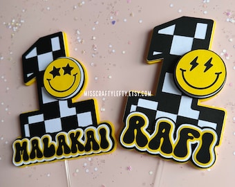Yellow One Cool Dude Cake Topper | RAD Party Decorations | Checkered Cake Decorations | One Happy Dude Decorations | Ages 1-9