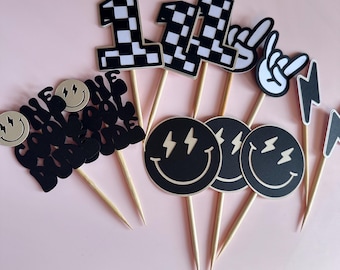 Tan One Cool Dude Cupcake Toppers | RAD Party Decorations | Checkered Cake Decorations | One Happy Dude Decorations