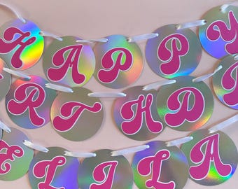 Holographic Circle Shape Banner Disco Ball Decorations Retro Font Party Decorations