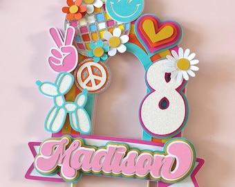 Disco Groovy Cake Topper | Preppy Cake Topper | Teen Vibrant Colors Centerpiece Cake Topper | Retro Peace Rainbow Arch Cake Decorations