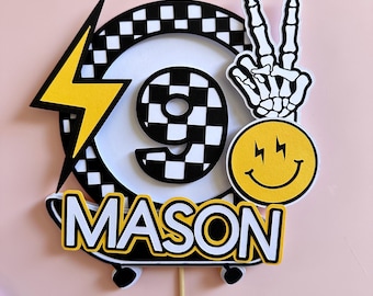 Yellow Skateboard Cake Topper | Skateboard Party Decorations | Checkered Cake Decorations | Smiley Face Cake Decor | Rad Party Decorations