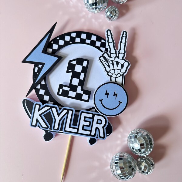Skateboard Cake Topper | Skateboard Party Decorations | Checkered Cake Decorations | Smiley Face Cake Decor | Rad Party Decorations