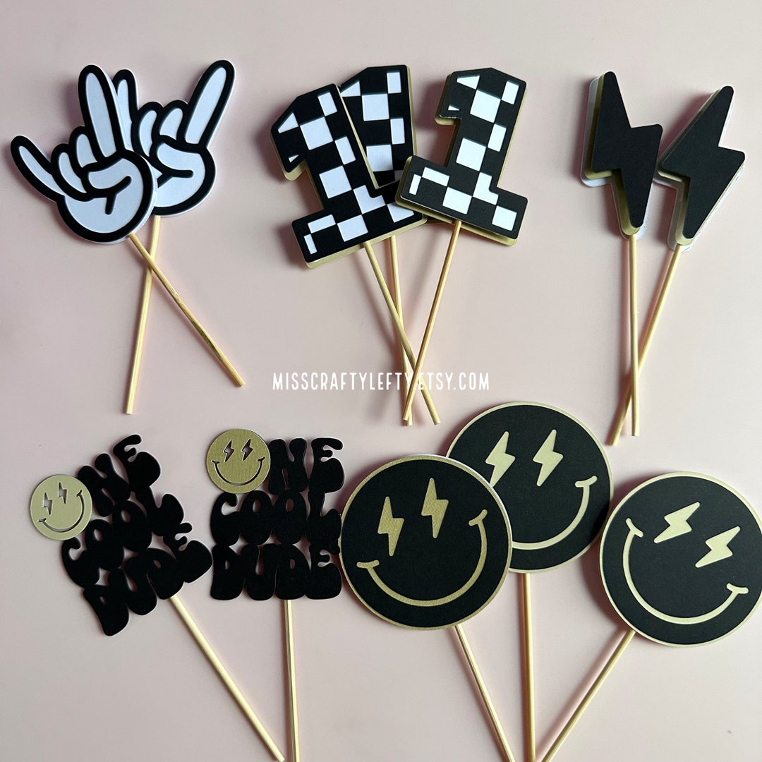 Rad Party Tan One Cool Dude Cupcake Toppers RAD Party Decorations Checkered Cake ...