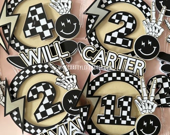 Skateboard Cake Topper | Skateboard Party Decorations | Checkered Cake Decorations | Smiley Face Cake Decor | Rad Party Decorations