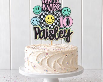 Adorno para pastel con carita sonriente / Decoraciones para pastel "Ten Is A Vibe" / Adornos para pastel "Groovy" / Celebración de fiesta con carita sonriente
