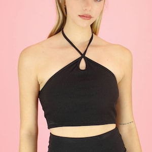 Ribbed Thin String Halter Neck Crop Top with Front Keyhole Detail