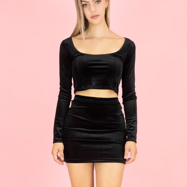Women's Premium Velour Wide Neck Long Sleeve Crop Top with Mini Skirt Set in Black for Party, Night Out, Dressy Outfit