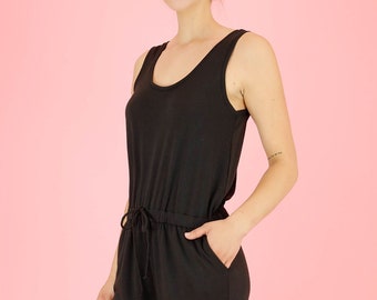 Women's french terry waist tie utility jumpsuit