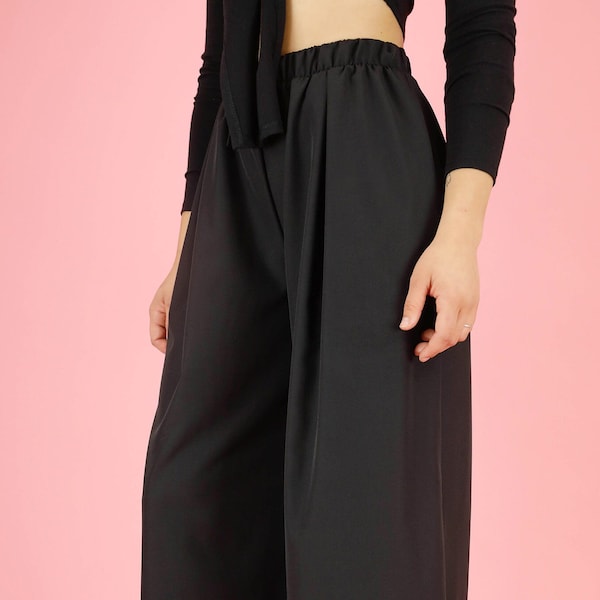 Women's Summer High Waisted Wide Leg Casual Black Pants with Waist Band