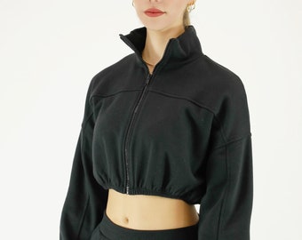 Sweatshirt court zippé en molleton de coton à col montant pour femme pour l'exercice physique quotidien Entraînement en plein air