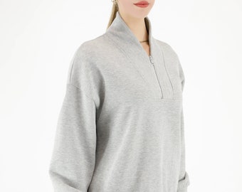 Sweat-shirt classique pour femme en molleton de coton avec fermeture éclair sur un quart et col montant pour l'exercice physique quotidien Entraînement en plein air