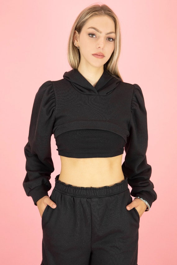 Women s Cozy Fleece Long Sleeve Puff Shoulder Shrug Hoodie for